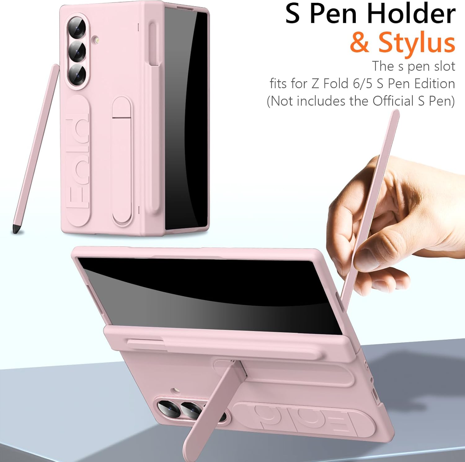 Finger Strap for Samsung Galaxy Z Fold 7 Case with S Pen Holder & Stylus, [Privacy Screen Protector] [Fold-able Kickstand] Full Coverage Matte PC Shockproof Bumper Case for Z Fold 7 Pink