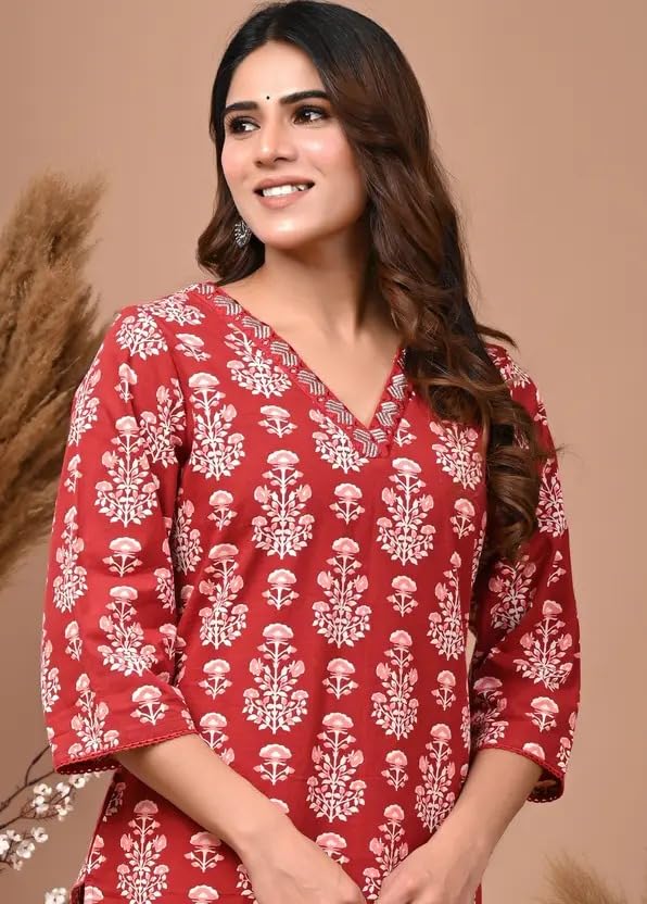 Image of RAINDROP Womens Printed Cotton Straight Kurta for Girls Regular Wear Long Top