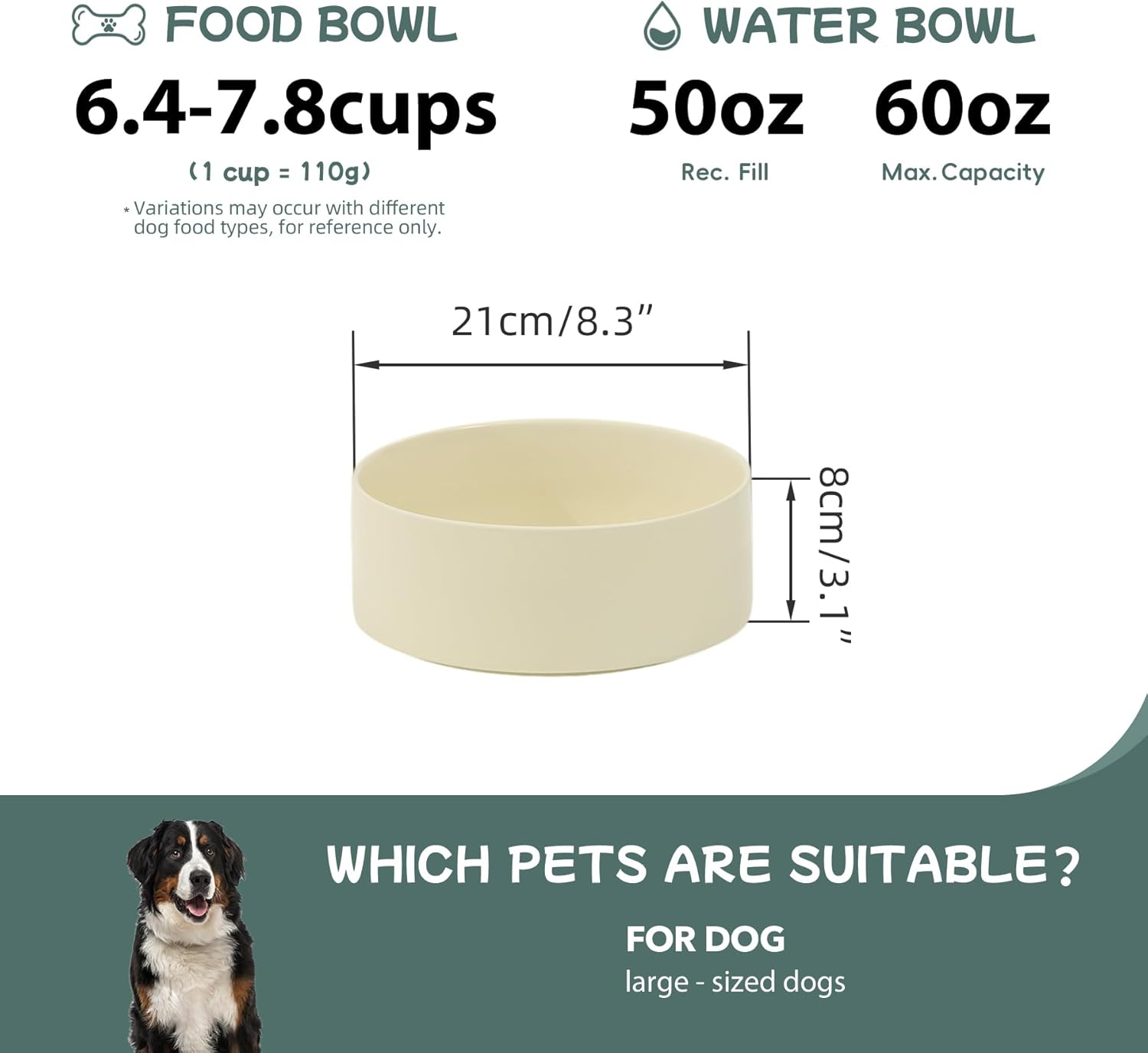 Havniva Ceramic 8.2inch Dog Bowl for Large-Breed Dogs, Anti-Slip and Weighted Pet Food and Water Bowl (Single Bowl -Light Yellow)