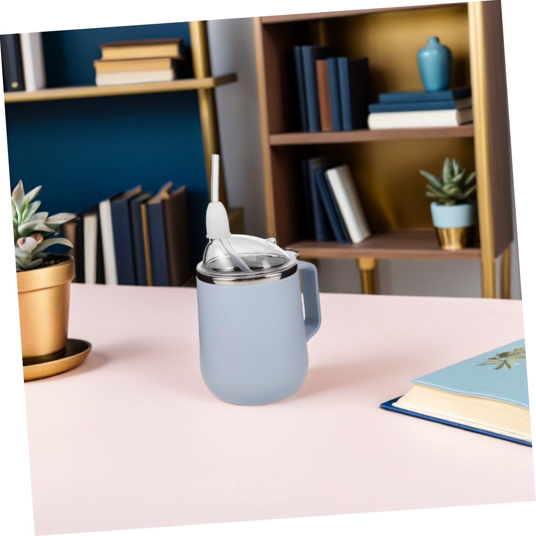 BESTYASH Auslaufsicherer Pflege-schnabelbecher für Senioren Edelstahl Trinkbecher mit Strohhalm Ergonomischer Griff Aspiration-schutz für Wasser Milch Suppe Liegende Pflege