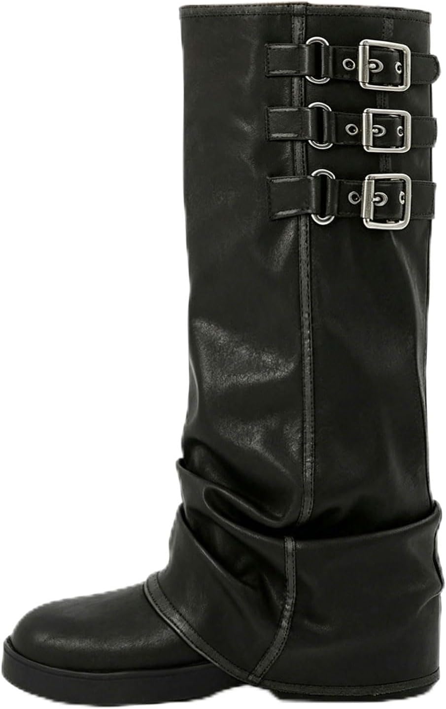 MAVMAX Women Slouchy Knee High Boots Casual Round Toe Pull On Riding Biker Boots Fold Over Chunky Low Heel Platform Boot