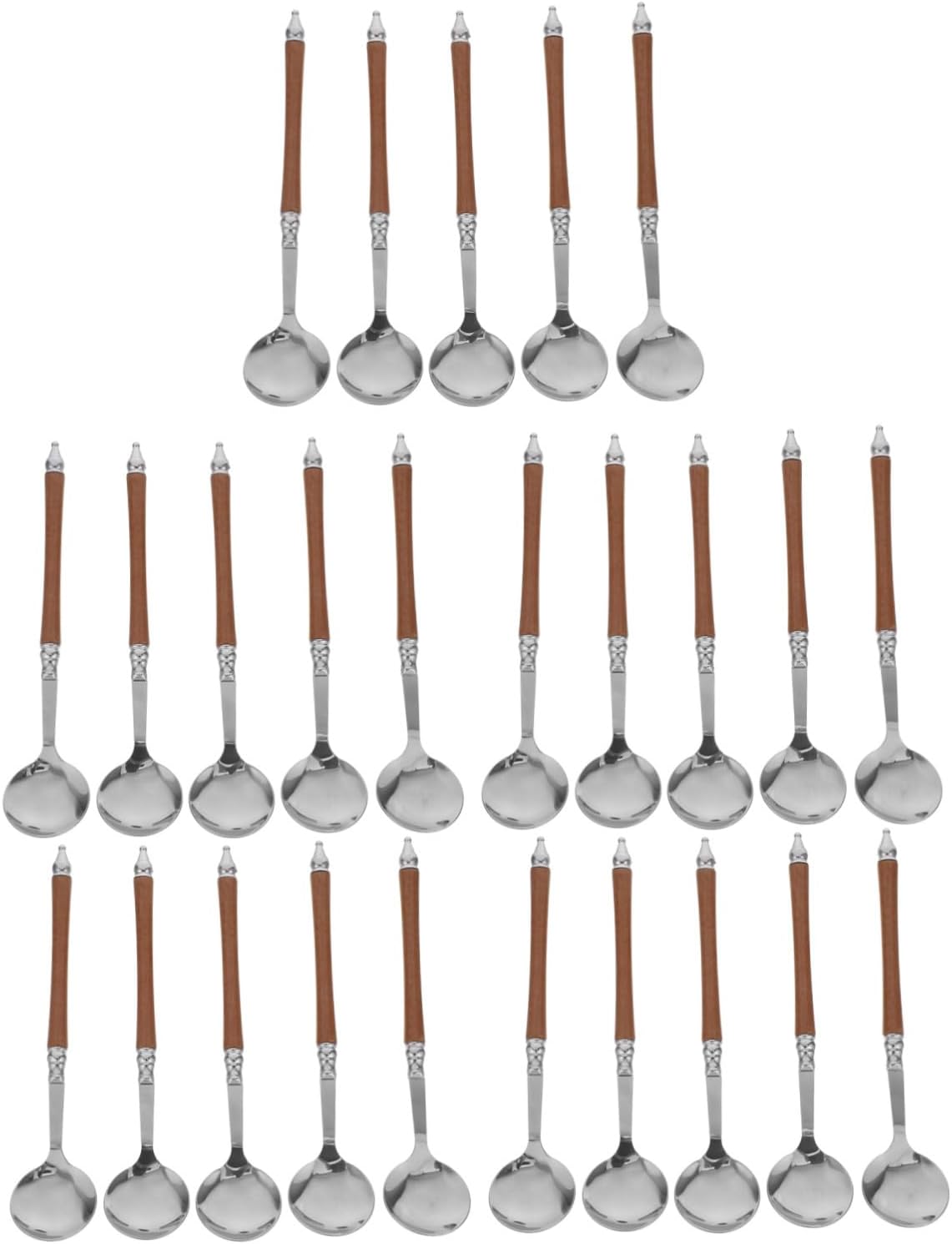 CHILDWEET 20pcs Stainless Steel round Western Spoon Set with Vintage Wood-like Handles, Small Mirror Polished Dessert and Serving Spoons for Dinner, Baking, and Coffee Use