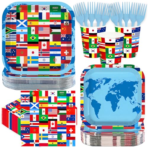 250Pcs International World Flags Party Supplies Around the World Plates Napkins Cups Forks International Flags Disposable Tableware Set for Globe Travel Trip World Cup Theme Party Supplies Serves 50