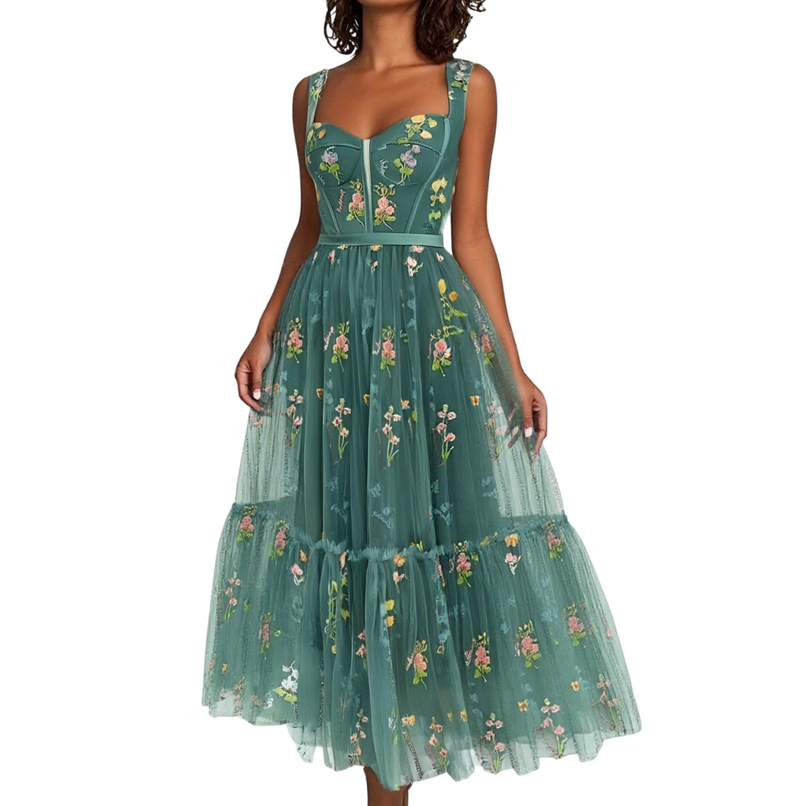 Generisch Tüllkleid Damen Blumenstickerei Tüll Ballkleider Korsett Spaghettiträger Maxikleid Vintage Elegant Sommer Abendkleid Leichte Atmungsaktive Strandkleid Partykleid Tunikakleid