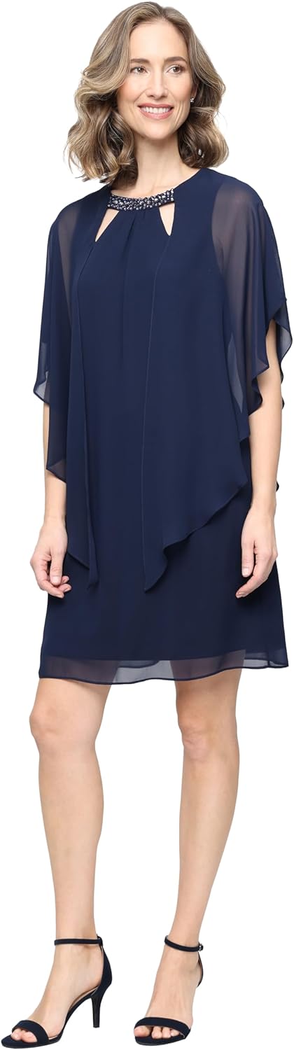 S.L. Fashions Women's Capelet Cascade Sleeve Dress with Beaded Cutout Neckline, Special Occasion Dress