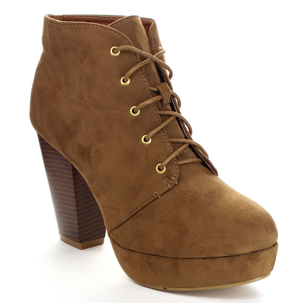 Forever Camille-86 Women's Comfort Stacked Chunky Heel Lace Up Ankle Booties