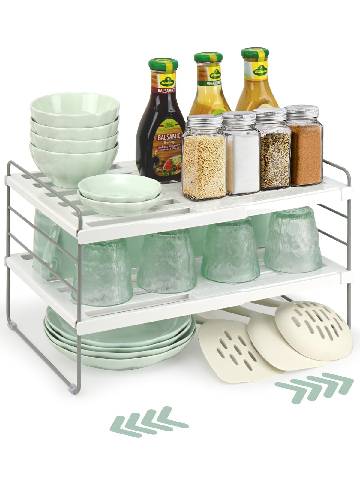 Jupeli Clear Expandable Cupboard Shelf Organiser, Adjustable Kitchen Cabinet Shelf For Worktop Or Cupboard, Sturdy Pantry Storage For Plates, Spices & Tins, Easy No-Tool Assembly, Anti-Slip Base (26–41Cm)