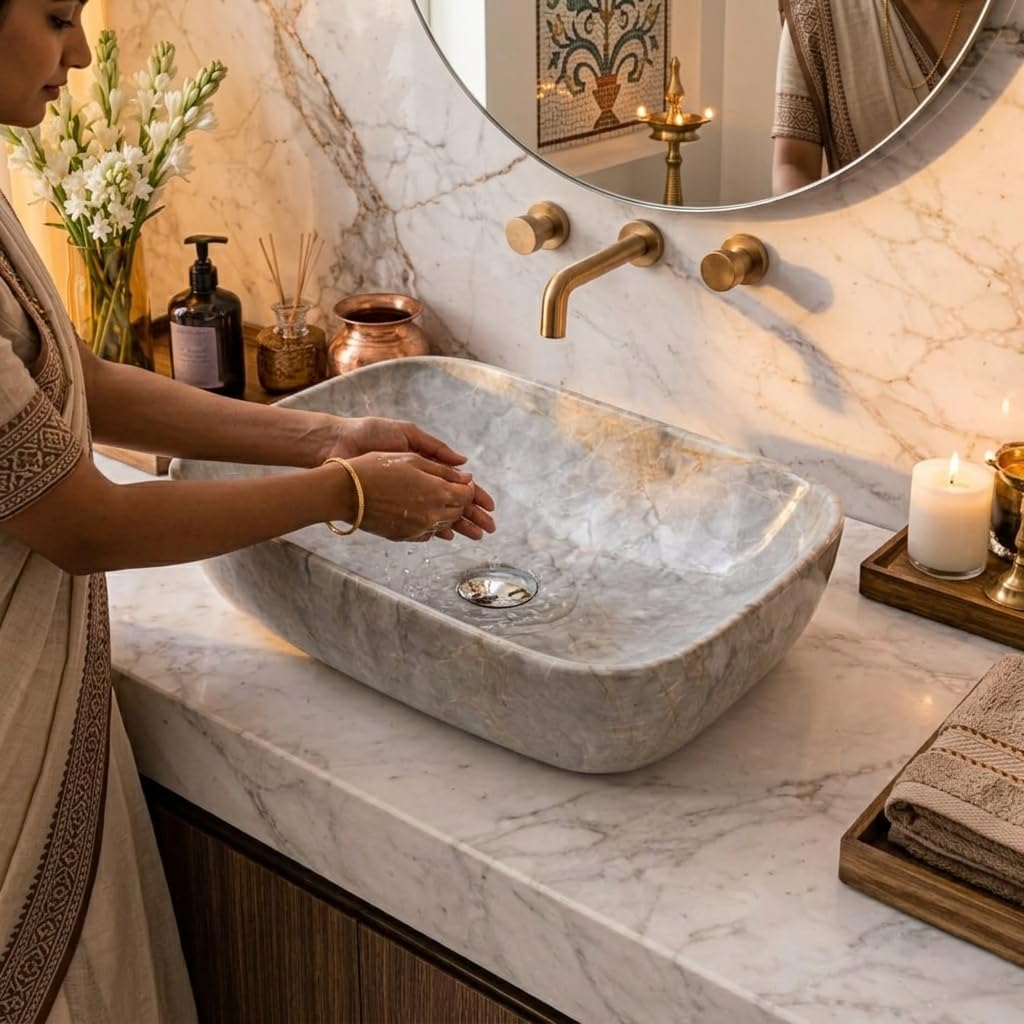 Vivatra Ceramic Tabletop Wash Basin β Glossy Rectangular Countertop Vessel Sink with Marble Finish for Bathroom & Vanity | Compact 18 x 13 x 5 Inch | Elegant Washbasin (VT_WB_LC01_023) 2