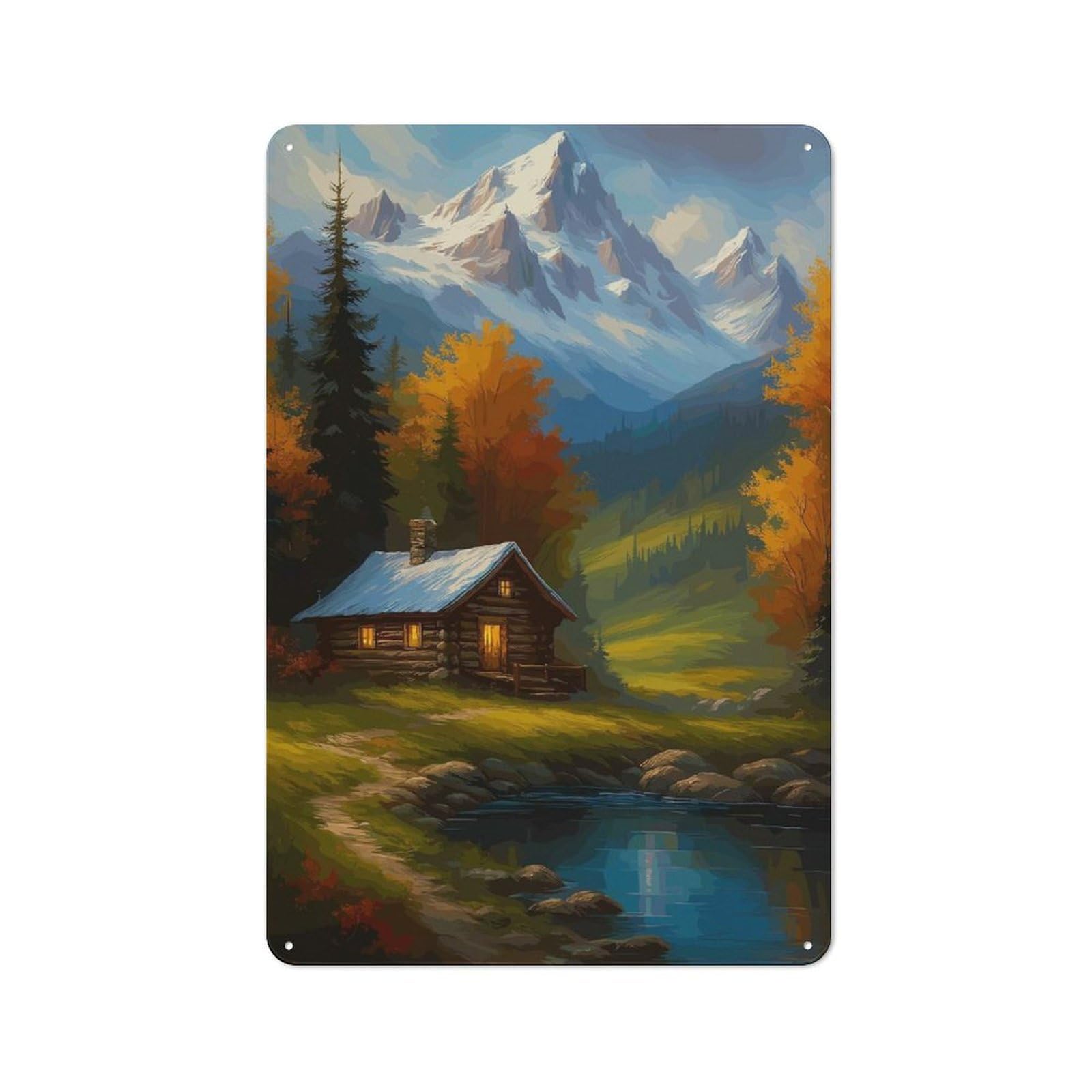 Junmoney Cabin By The Lake In Autumn Classic Metal Wall Decor 30X20cm, Metal Wall Plaque For Office, Study, Studio Or Hallway