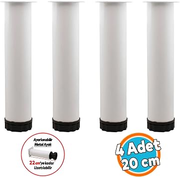 Mobilya Kanepe Baza Koltuk Metal Dolap Yükseltici Destek Ayağı Ayarlanabilir Beyaz Ayak 20 cm 4 Adet