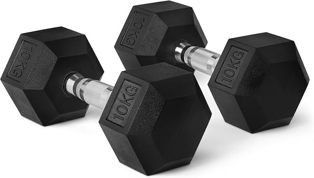 Amazon Basics Rubber Encased Hex Dumbbell Weights Set, 10…