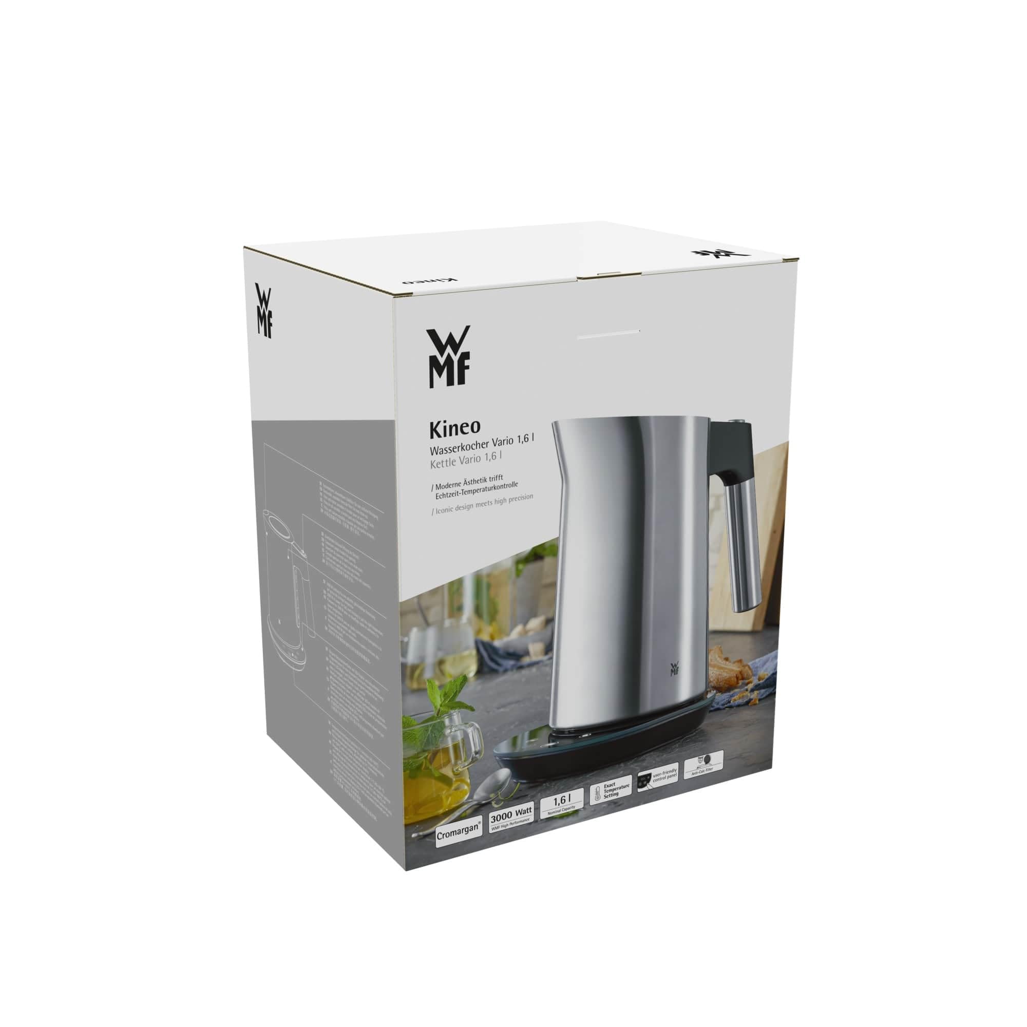 WMF Kineo Hervidor de agua con ajuste de temperatura, 1,6 l, filtro de cal, 3000 W, indicador de temperatura en vivo, hervidor eléctrico de agua de acero inoxidable mate