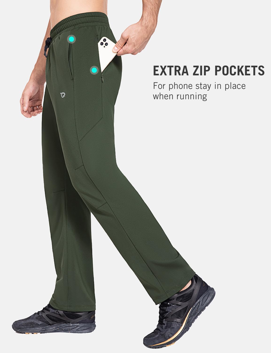 baleaf Men's Fleece Lined Water Resistant Pants Winter Thermal Sweatpants with Zipper Pockets Warm Open Bottom - Image 5