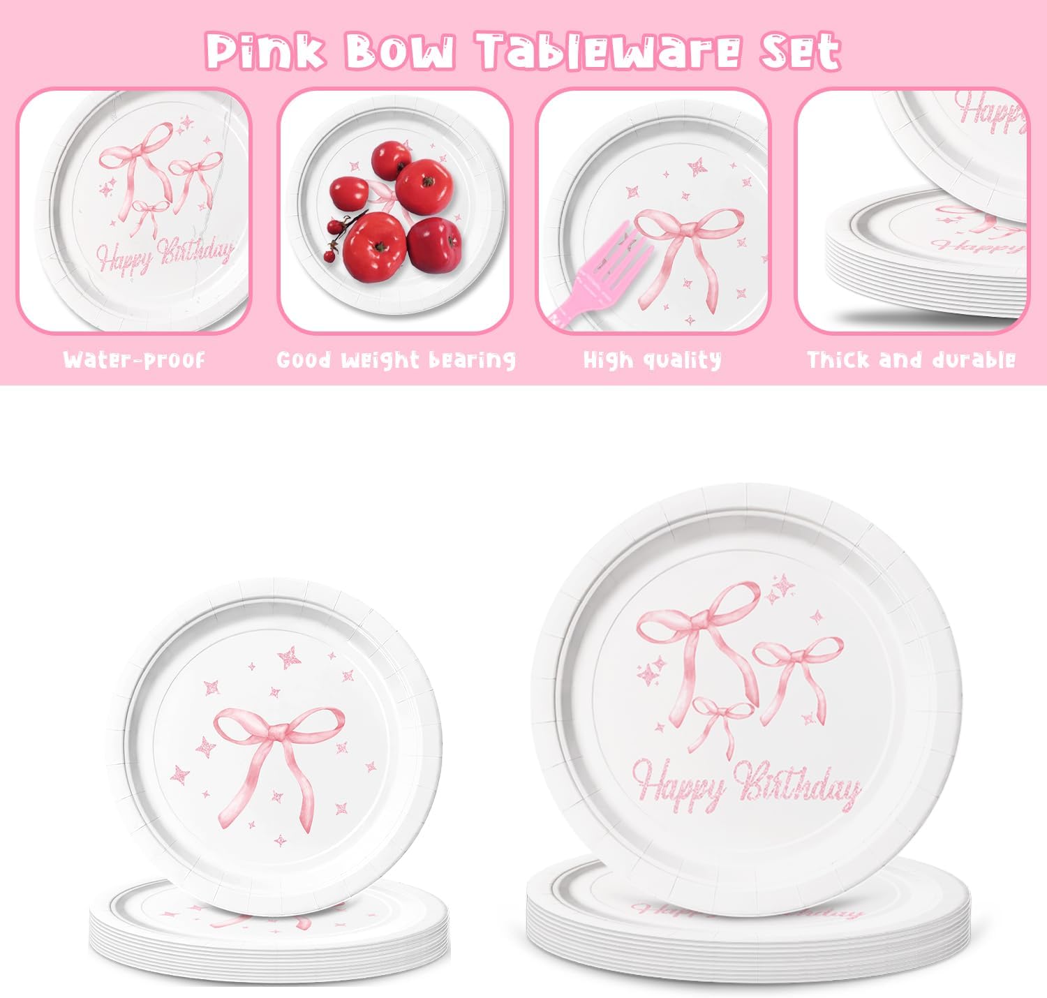 Pink Bow Birthday Party Supplies, 96Pcs Coquette Birthday Decorations Includes Napinks Plates Forks Pink Bow Theme Tableware Party Supplies - Image 7