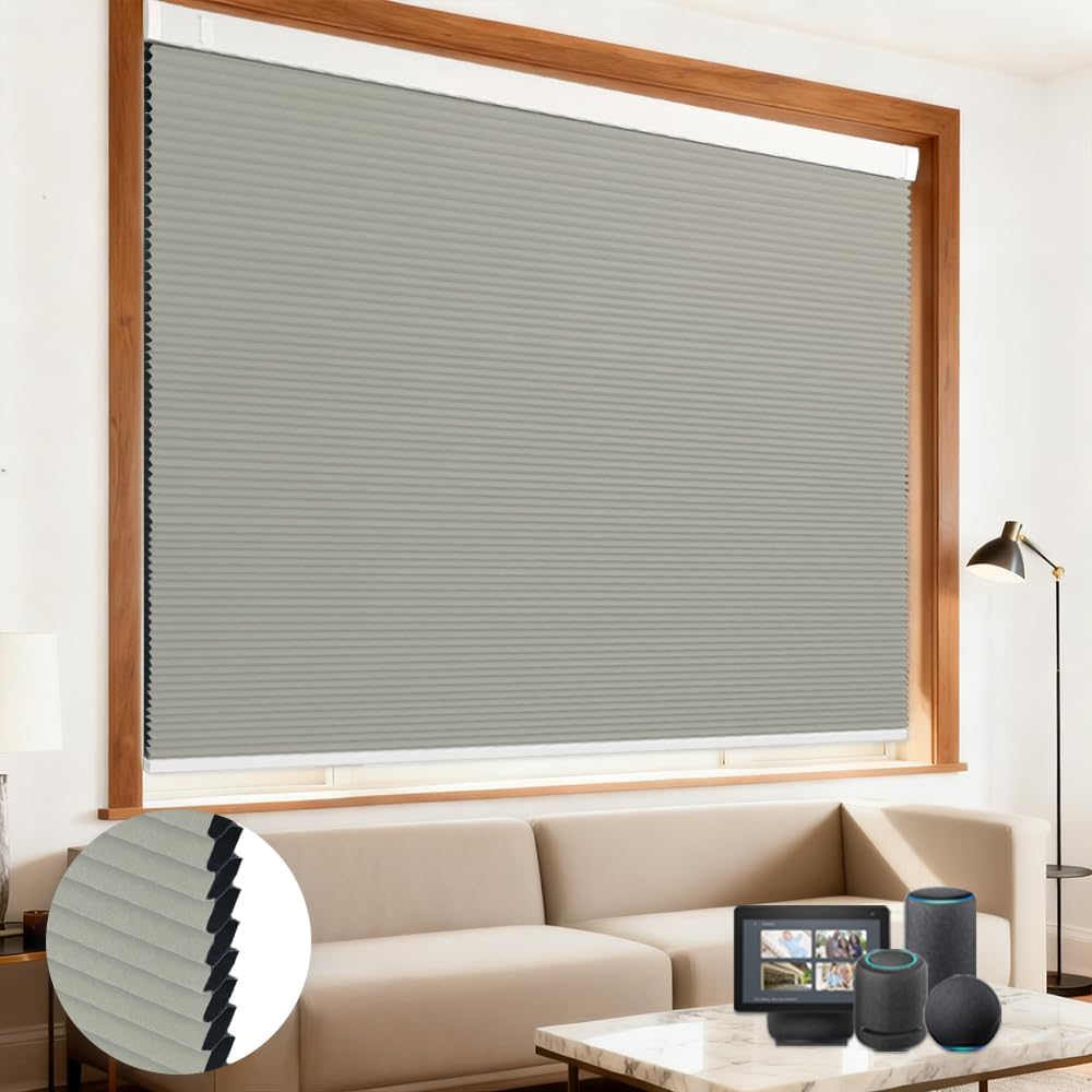 Motorized Cellular Shades with Remote Blackout Honeycomb Smart Blinds Options for Indoor Windows, Remote/Alexa/Matter Compatible, Easy DIY Installation (Silver Gray)