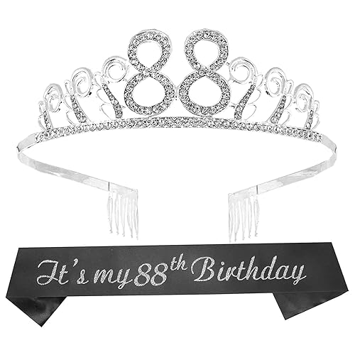 Banda y tiara de cumpleaños número 88 para mujer, fabulosa banda con purpurina + ondas de diamantes de imitación plateadas, tiara de metal premium