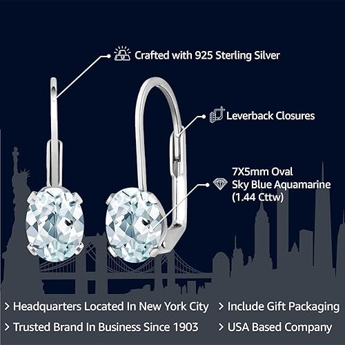 Miniatura 2 de Gem Stone King Oval Leverback Earrings for Women 925 Sterling Silver 7X5MM Oval Gemstone Birthstone Fine Jewelry for Her Mom Wife
