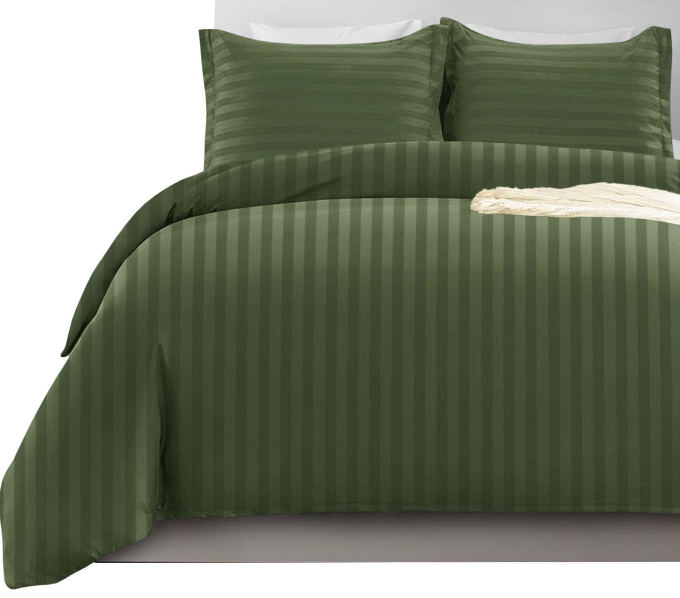 Imperial Rooms King Size Duvet Cover Sets Reversible Stripes Satin Bedding Set with Pillowcases Breathable Microfiber Duvet Covers (Olive Green 230x220 Cm)
