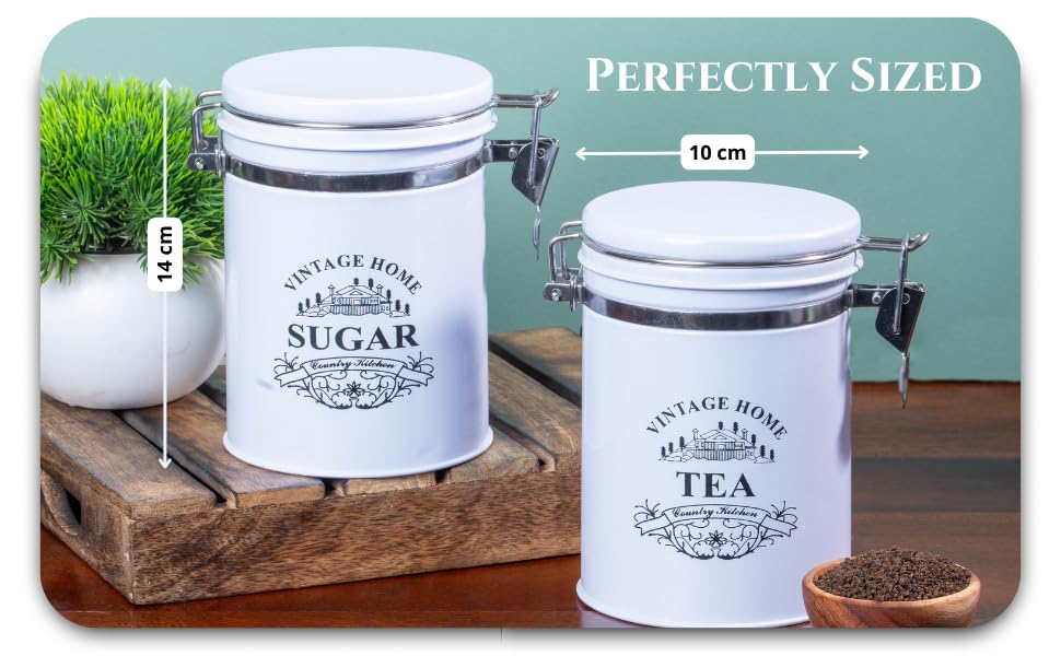 Image of Metallure Home Clip-Lock Round Classic Tea Sugar Container Set of 2 | Metal Container for Kitchen Storage | Airtight Jar Set | Food-Safe Tea Jars for Kitchen (White)