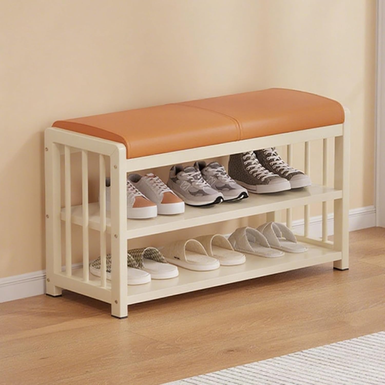 Stylish PU Upholstered Entryway Storage Bench - Durable Metal Frame, Space-Saving Shoe Rack for Hallways, Living Rooms & Bedrooms - Modern Orange Design