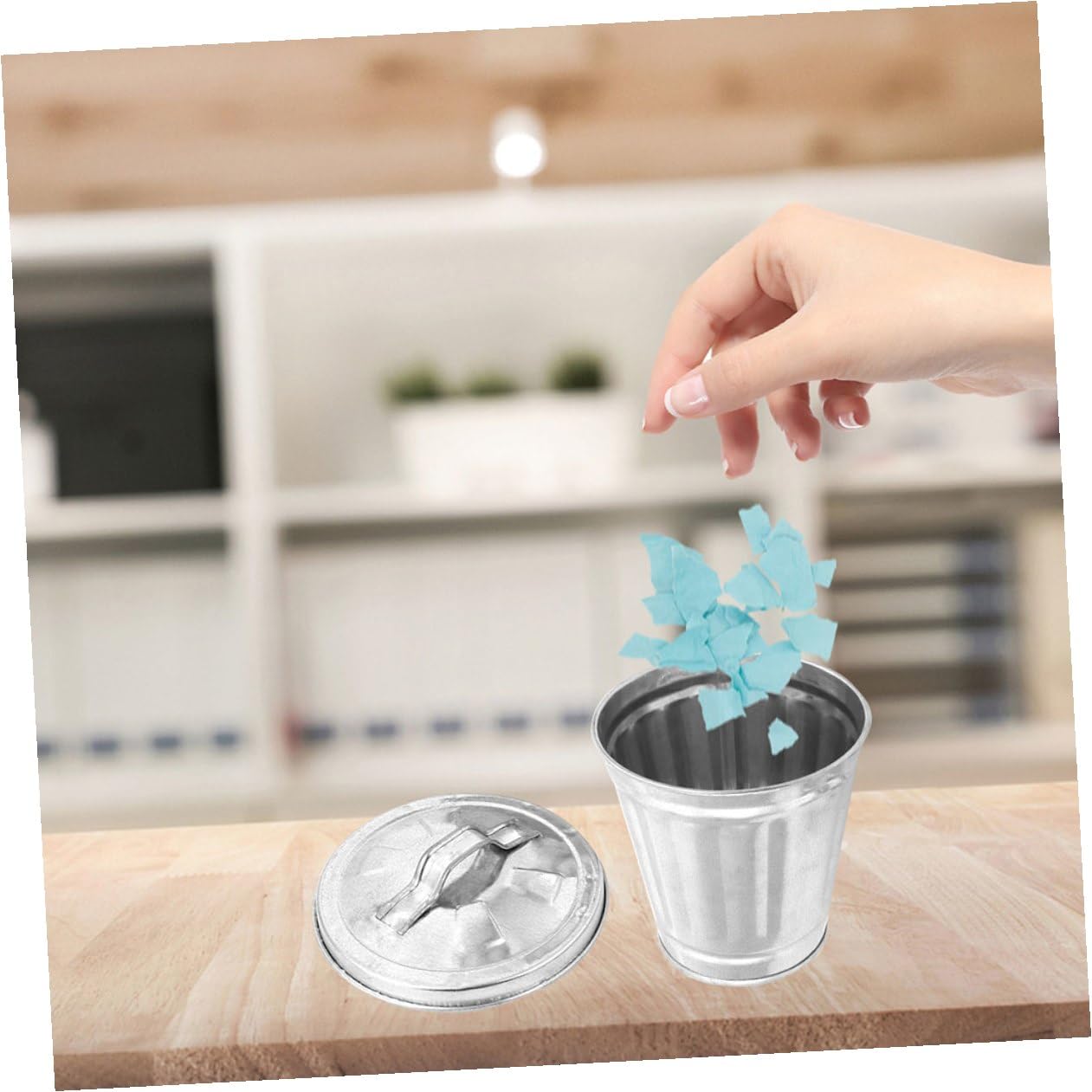 Hemobllo 5pcs Mini Desktop Trash Bins with Lids, Galvanized Iron Tiny Trash Can Set, Decorative Small Garbage Holders for Home Office Bedroom Storage and Organization