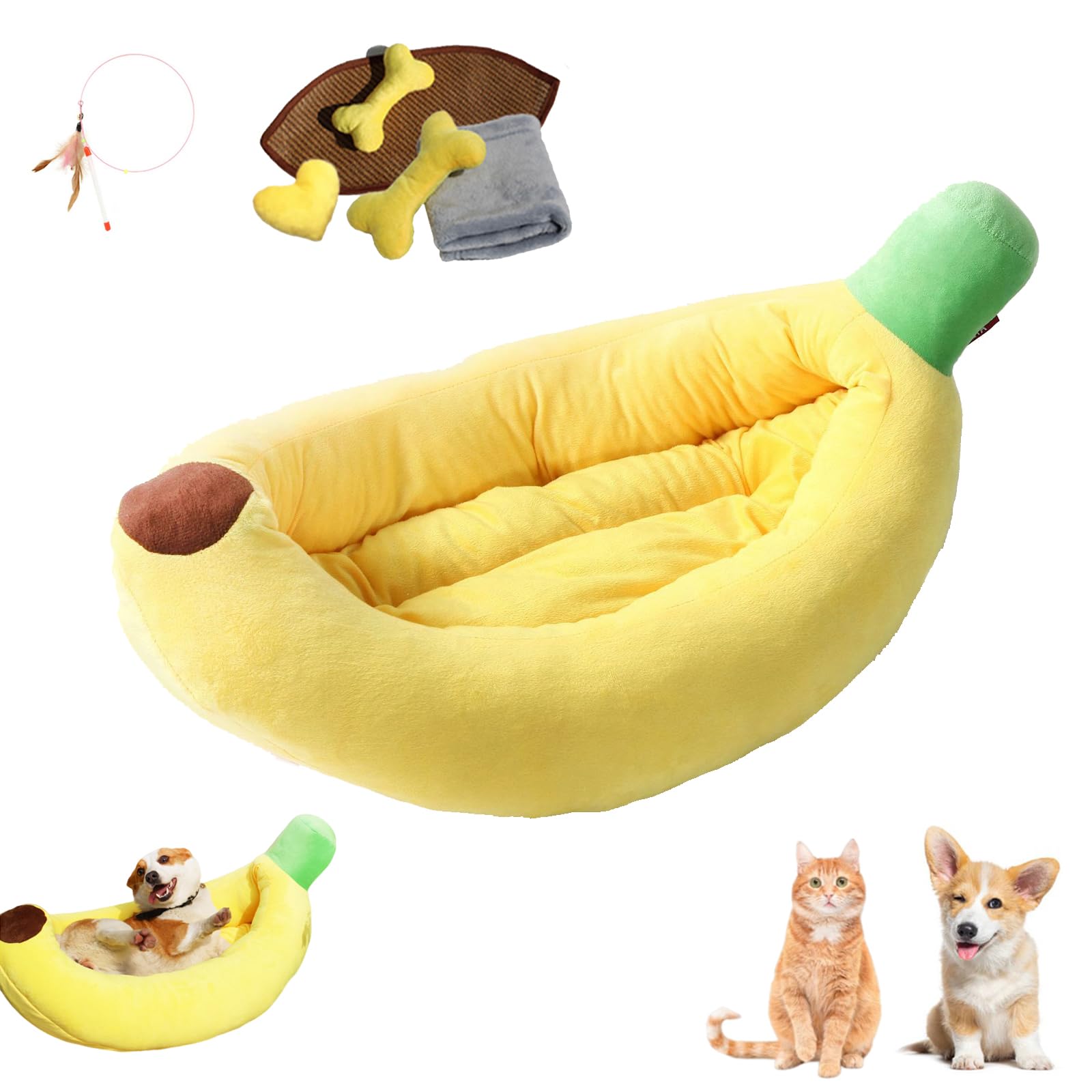 Banana Bed for Dogs, Banana Dog Bed, Banana Shaped Cat Bed for Dogs Cats, Creative Comfortable and Washable Banana Pet Bed with Removable Cushion (yellow+toy+cooling mat+blanket, 100 * 55 * 25cm)