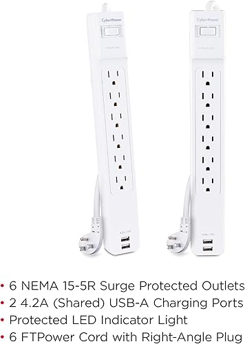 Miniatura 4 de CyberPower CSP606U42A - Protector de sobretensiones profesional, 900J/125V, 6 tomas, 2 puertos de carga USB, cable de alimentación de 6 pies, color