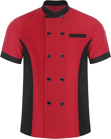 Unisex Men Women Color Block Chef Coat Uniform Short Sleeve Chef Jacket Kitchen Canteen Waiters Shirt