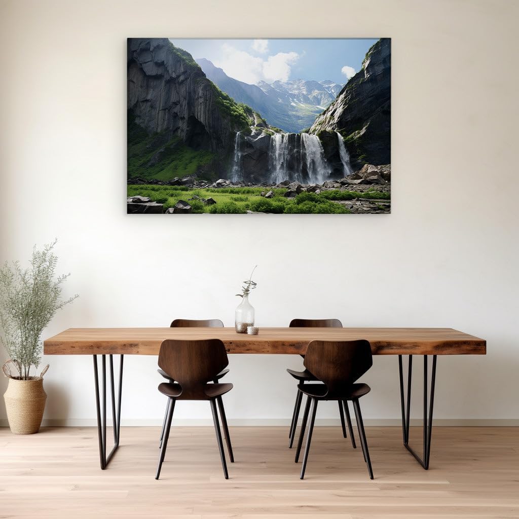 Canvas for Living room. Majestic Mountain Waterfall: Nature's Symphony in Green and Blue, 27 x 18 inch Canvas Wall Art - Surrealistic Visions - Modern Home Decor