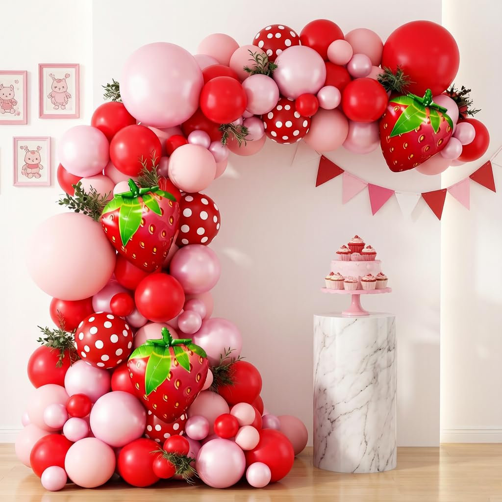 Satiskid 152pcs Strawberry Balloons, Giant Foil Berry Balloon Garland Arch Kit, Red Pink Polka Dot Latex Balloons with Adhesive Dots & Chain, Birthday Decorations for Girls Women Party