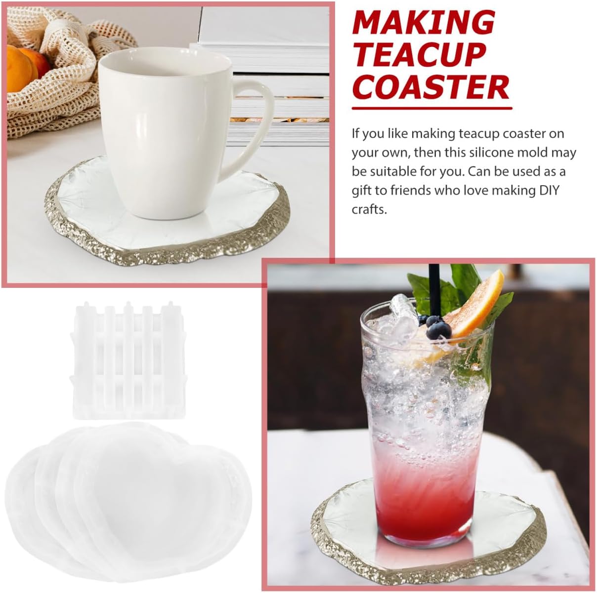 DOITOOL Silicone Heart Coaster Mold Set 4-Pack 5.90X5.11X0.35In DIY Resin Molds for Teacup Coaster and Decorative Tray Crafting
