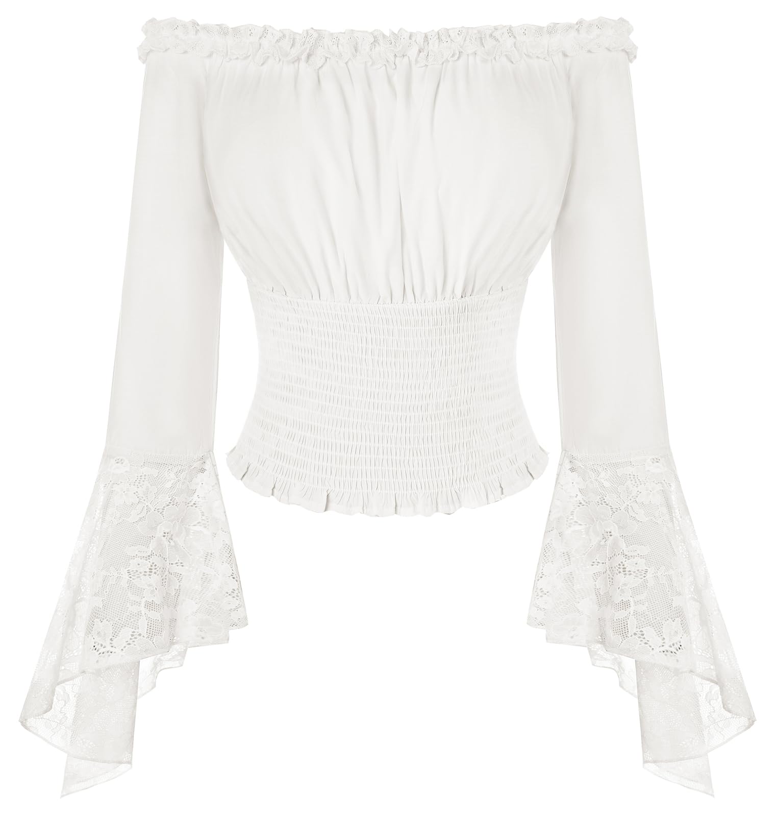 SCARLET DARKNESS Damen Renaissance Bluse Langarm mit Spitze Schulterfrei Tops Gesmokte Taille Oberteil