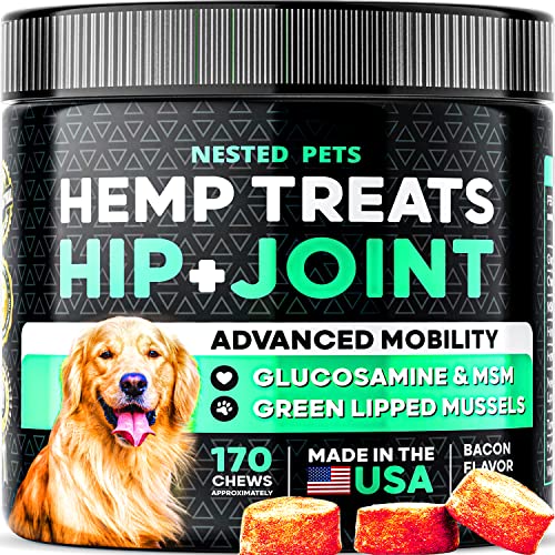 Hemp Treats - Joint Pain Relief + Glucosamine For Dogs - (170 CT) - w/ 100% Organic Hemp Oil + Chondroitin - MSM - Natural Pain Relief - Hip & Joint Care - Advanced Mobility - Made in USA - Bacon