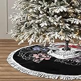 Skull Christmas Tree Skirt Black Large 48 Inch Halloween Outdoor Decorations Edge Tassel Lace for Fa