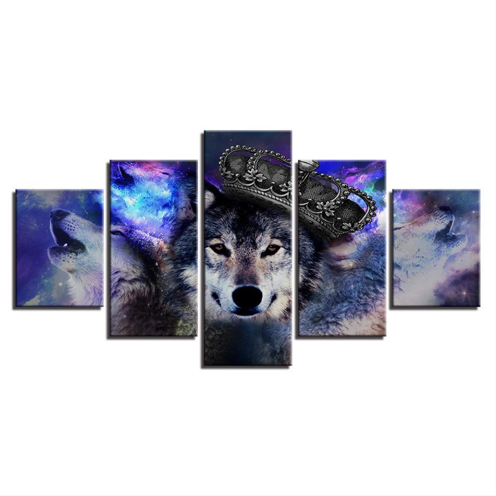 Toile loup couronne pour salon grand format 5 pièces sans cadre