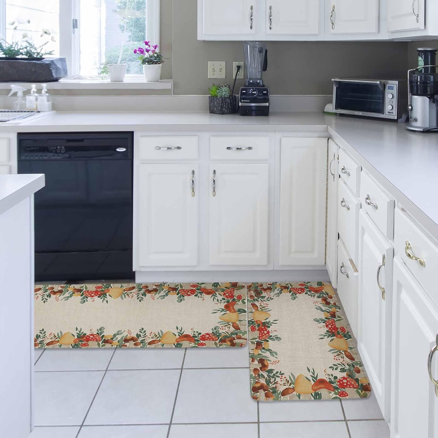 Fall Mushrooms Kitchen Rugs and Mats Set of 2, Non-Slip Kitchen Sink Mat, Autumn Green Eucalyptus Leaves Plants Washable Doormat Bathroom Rugs Runner for Bedroom/Living Room 19.7"x31.5"+19.7"x47.2"