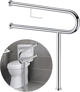 FlySkip Toilet Grab Bar with Toilet Paper Holder,23.5inch Polished Glossy Floor to Wall-Mounted Support Bar Handicap Grab Bars for Toilet,Bathroom Aid Assist Rail for Disabled Elderly Pregnant Woman