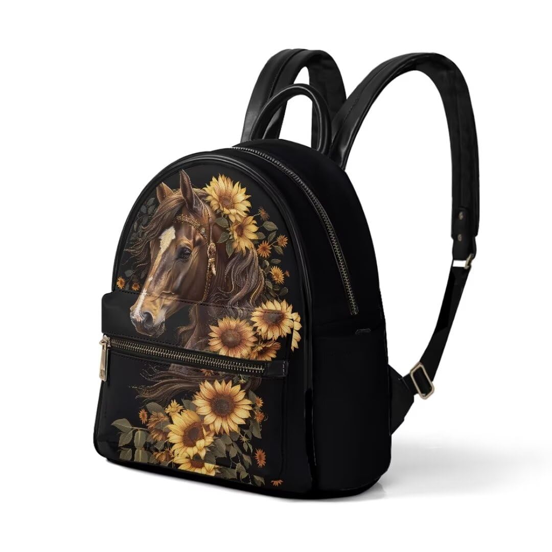 Coldinair Horse Backpack Purse for Women - Small Leather Waterproof Travel Bag - Lightweight Fashion Mini Backpack - Sunflower Casual Rucksack - Multipurpose Satchel Handbag