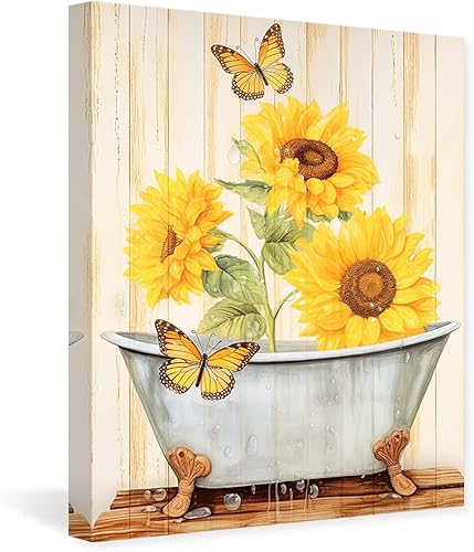 DOARTDO Decoración de pared de baño de girasol, lienzo de flores amarillas, arte de pared, pintura floral rústica, marco de decoración de fotos de