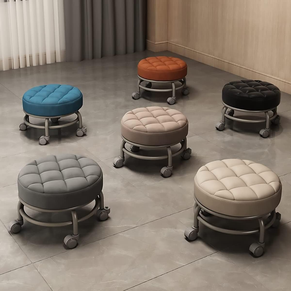 Dining Chairs Pu Leather Low Round Rolling Stool Small Stool with Universal Swivel Caster Wheels for Office Garage Shop Fitness Sport,Orange