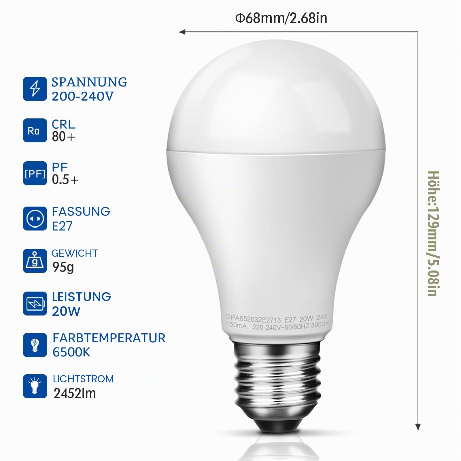 Awenia LED Lampe E27 20W (ersetzt 150W) Glühbirne, Kaltes Weiß (6500K), 2452 Lumens Lighting, 2-er Pack