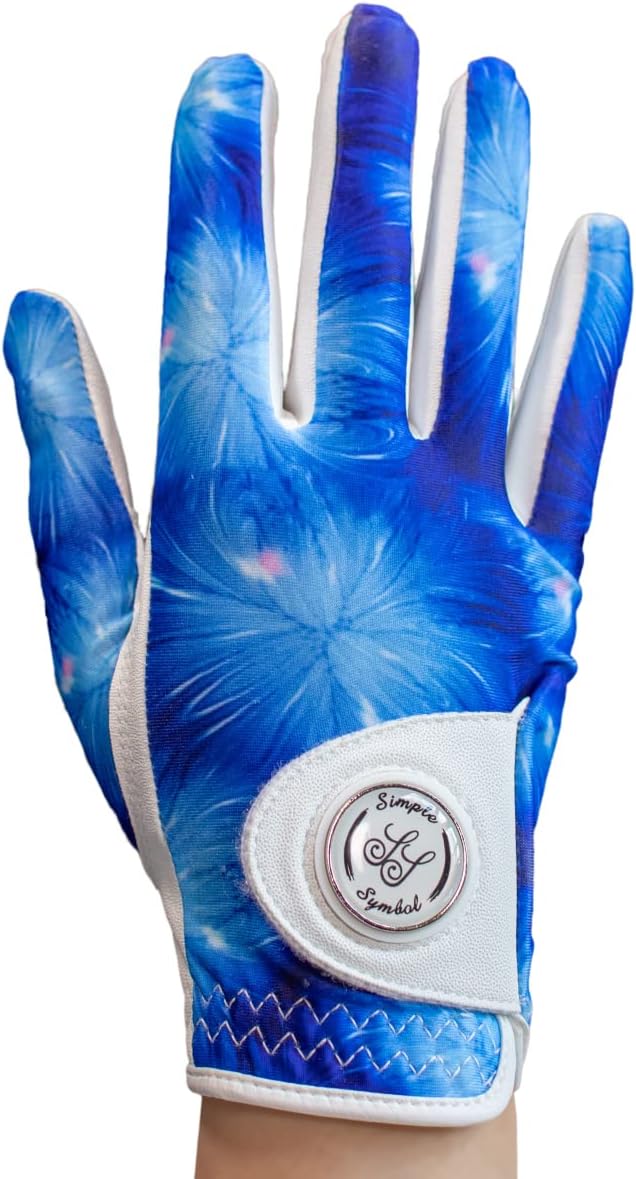 レディースゴルフグローブ マーカー付 上品 右手 女性用 ゴルフ手袋 おしゃれブルーカラープリント 天然羊革 合成皮革