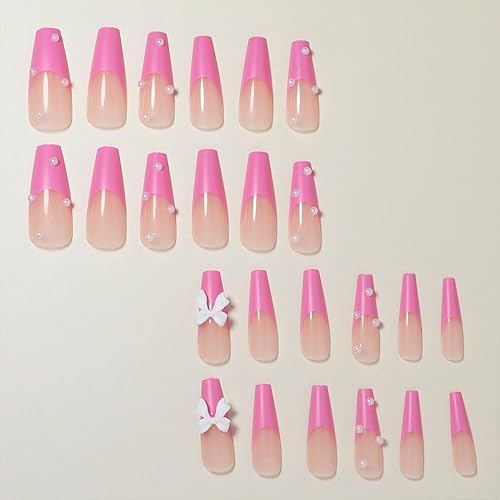 Miniatura 2 de Uñas postizas a presión con punta francesa color rosa, uñas largas de bailarina, con lazo de mariposa blanca, con diseño de perlas, brillantes,