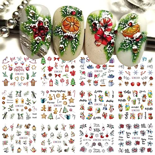 12 Sheets Christmas Nail Art Stickers Winter Holly Tree Gingerbread Water Transfer Nail Decals Christmas Tree Pinecone Nail Art Decoration Holiday Manicure Supplies For Women Girls #TOP16