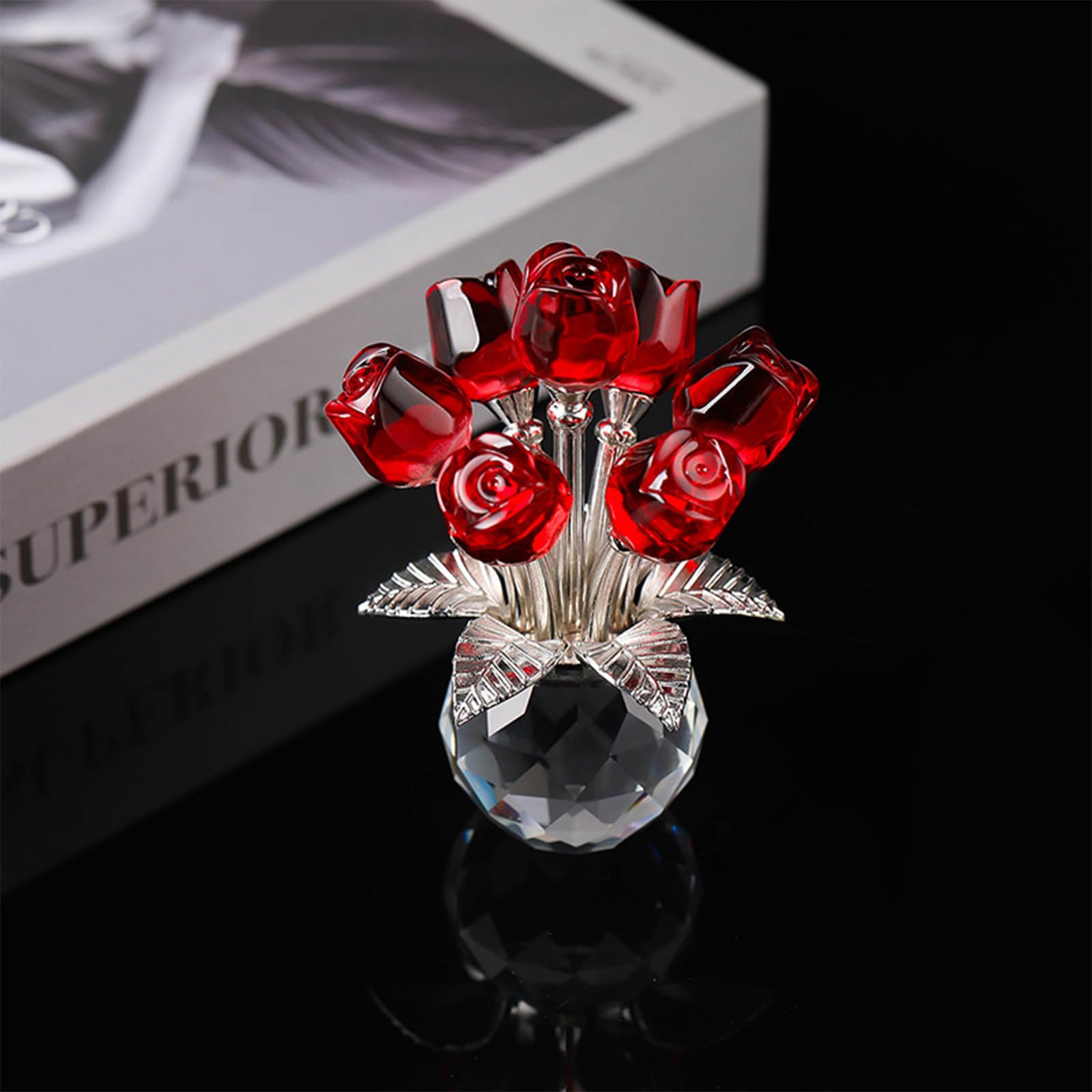 Tanant Statuetta di Bouquet di Rose di Cristallo Rosso con Vaso, Regali di Fiori di Rosa per Mamme e Donne, Fiori di Vetro per San Valentino, Anniversario di Natale, Ornamento da