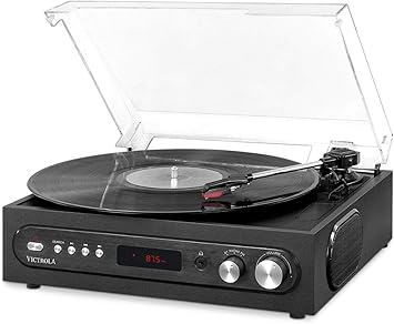 Victrola 3-in-1 Turntable 3-Speed 33 1/3, 45, 78 RPM Bluetooth Record Player with FM Radio, Built-In Stereo Speakers, 3.5 Aux In & RCA Output, Wireless Music Streaming, Dust Cover Black