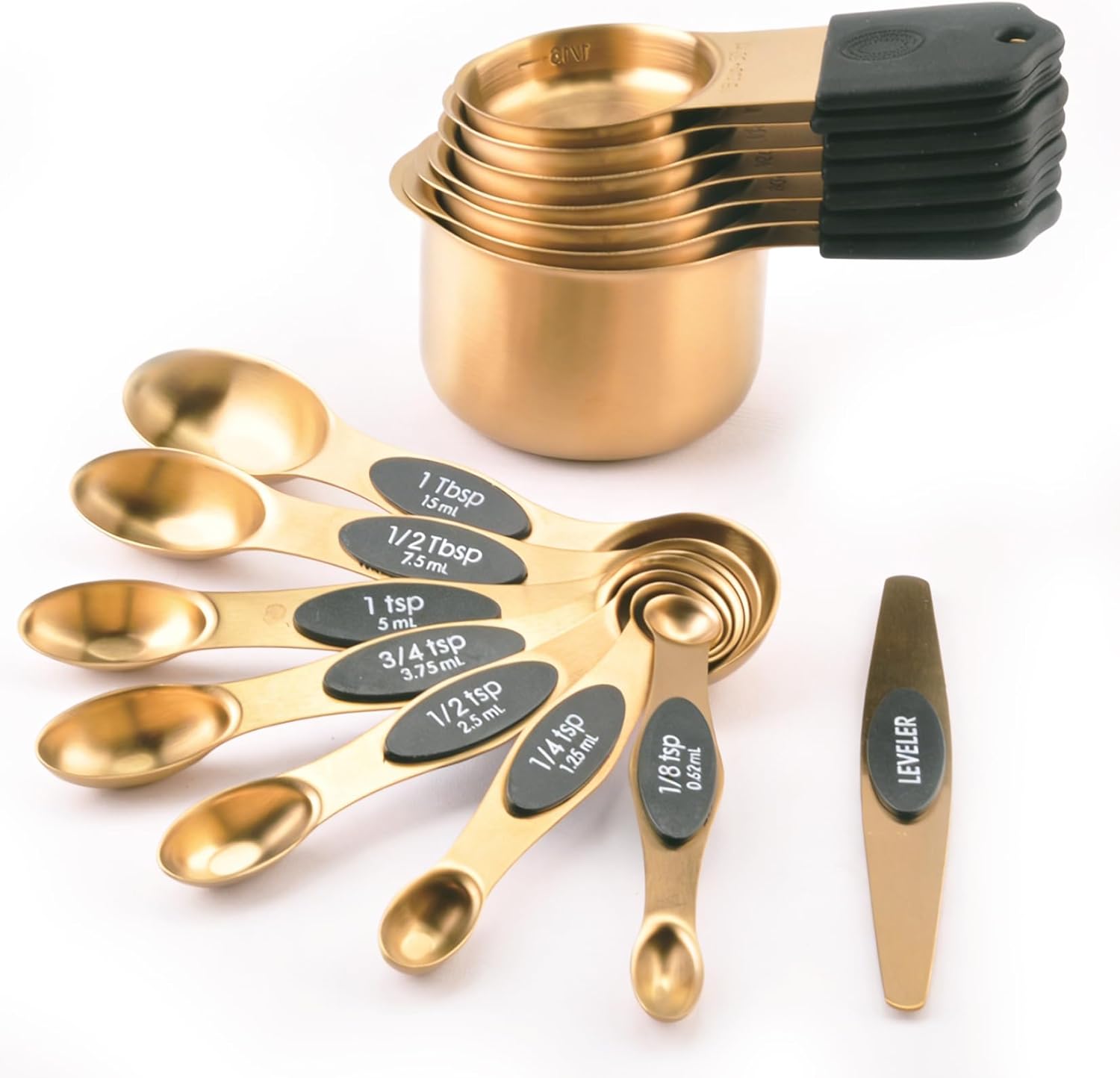 15PCS Gold Plated 304 Stainless Steel Measuring Cup & Spoon Set, Magnetic Silicone Baking Tools, Measuring Stand Included, Precise Scale, Easy Clean & Storage, for Baking & Cooking
