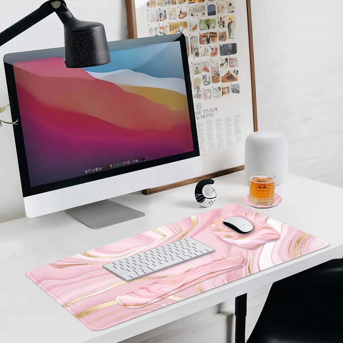 Grand repose-poignet pour clavier - Support de poignet pour ordinateur - 4 en 1 en mousse à mémoire de forme - Repose-poignet ergonomique - Pour la maison et le bureau - Marbre rose