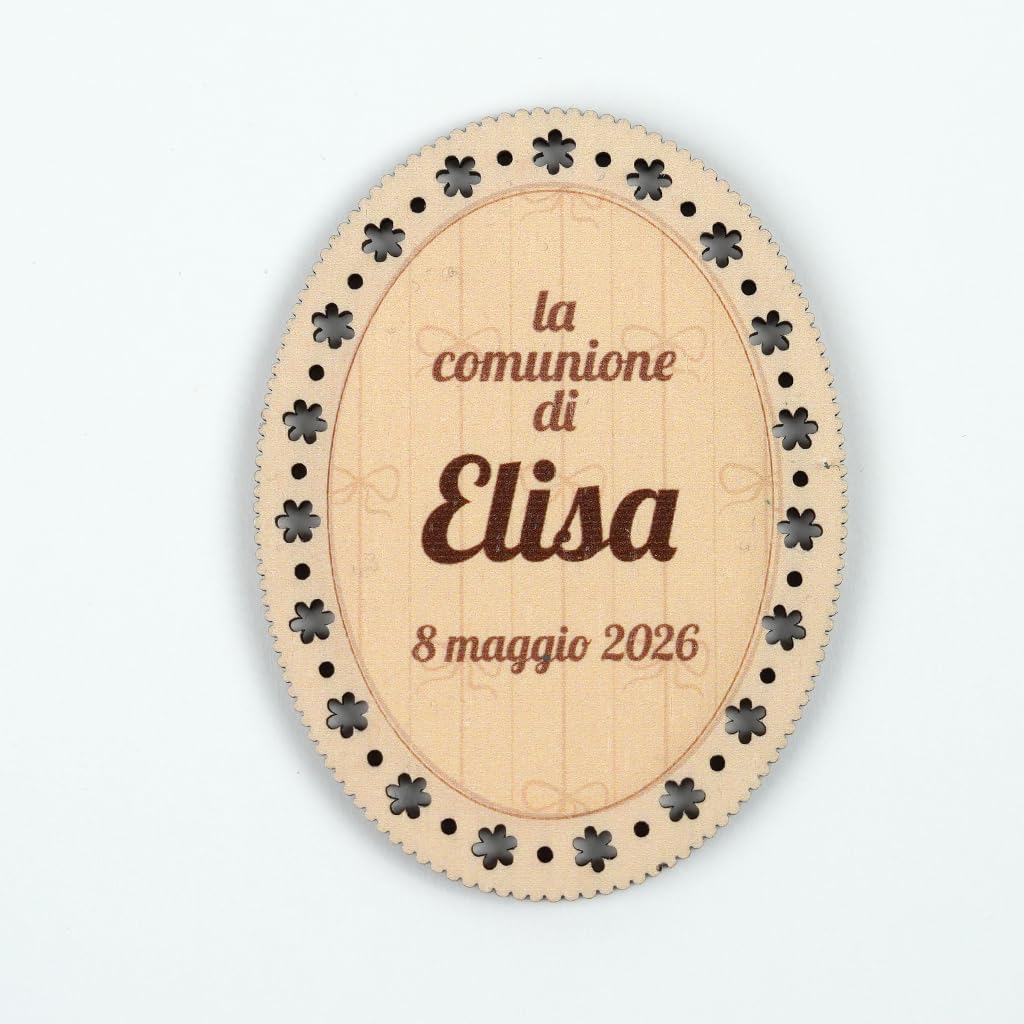Segnaposto in Legno Personalizzabile con Stampa UV, Forma Ovale, 7 x 5,2 cm, per Comunione, Compleanno, Festa privata, C_12 (50)
