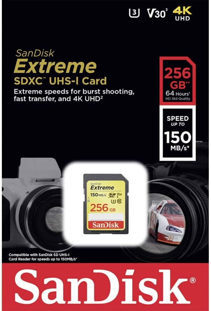 SanDisk 256GB Extreme SDXC UHS-I Memory Card - 150MB/s, C10, U3, V30, 4K UHD, SD Card - SDSDXV5-256G-GNCIN